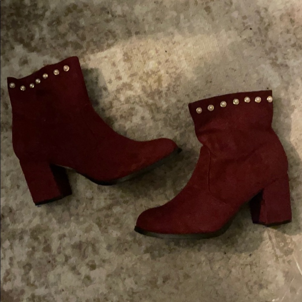 Red suede bootie heels